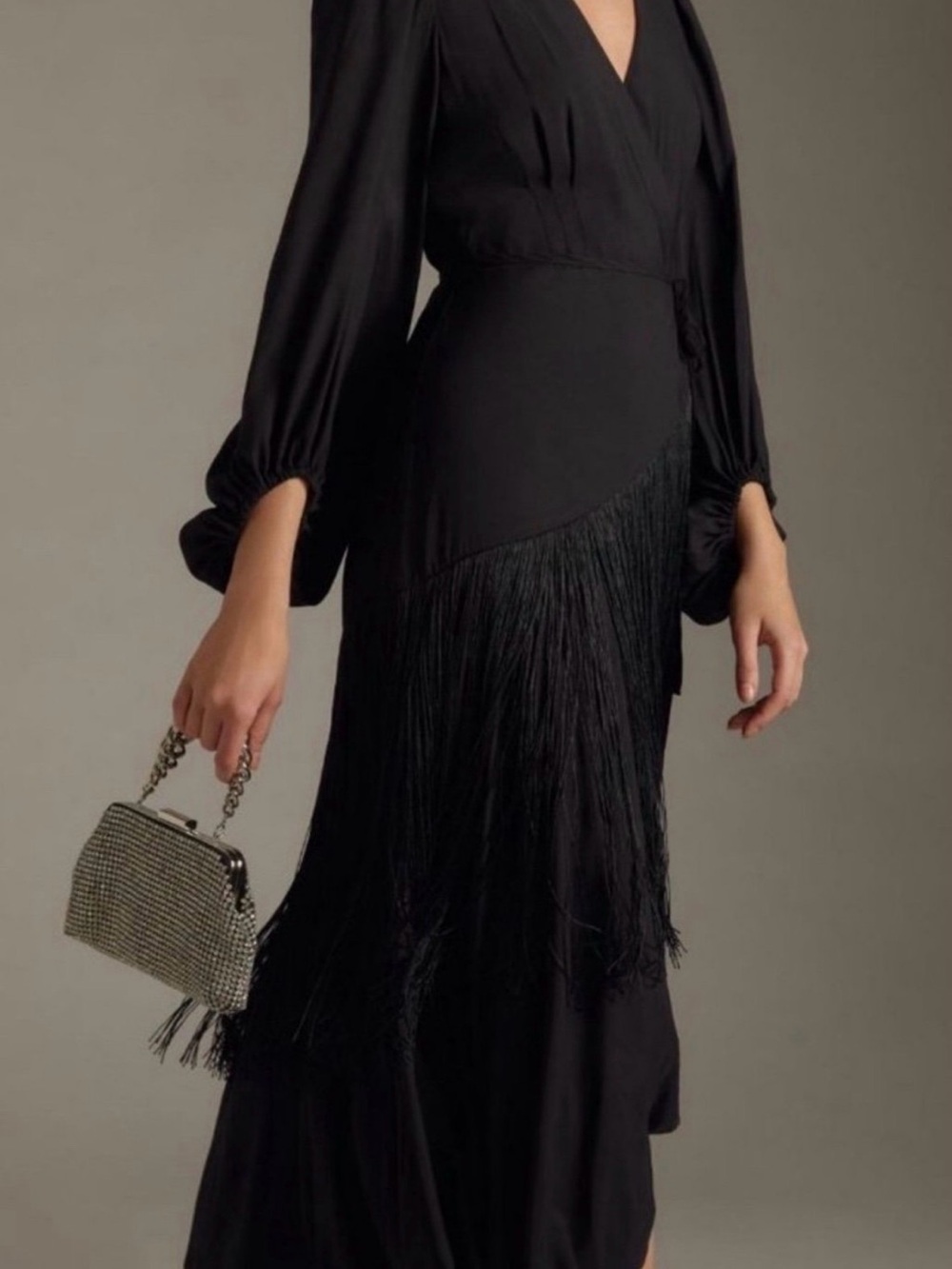 Hutch Black Long-Sleeve Fringe Midi Dress